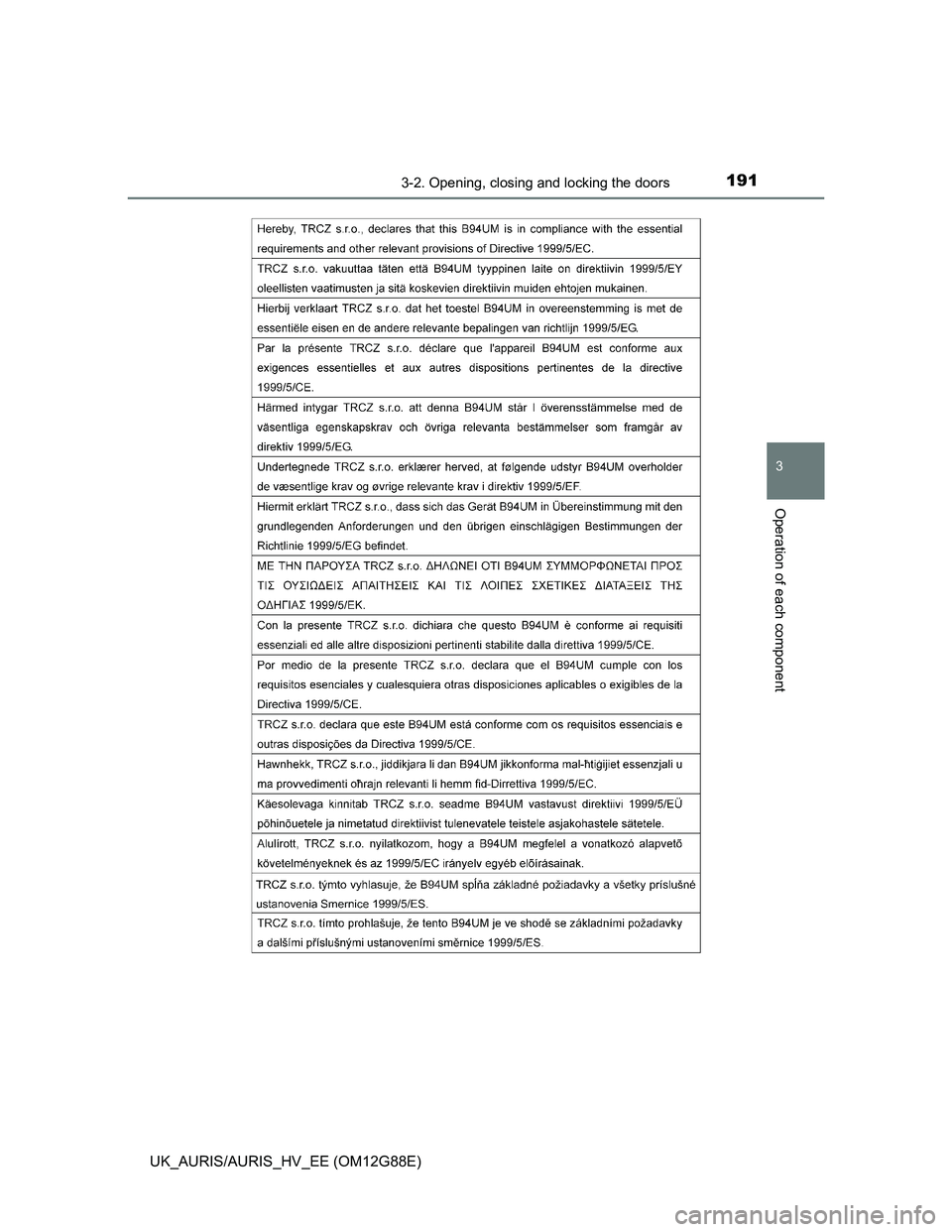TOYOTA AURIS HYBRID 2014  Owners Manual 1913-2. Opening, closing and locking the doors
UK_AURIS/AURIS_HV_EE (OM12G88E)
3
Operation of each component 