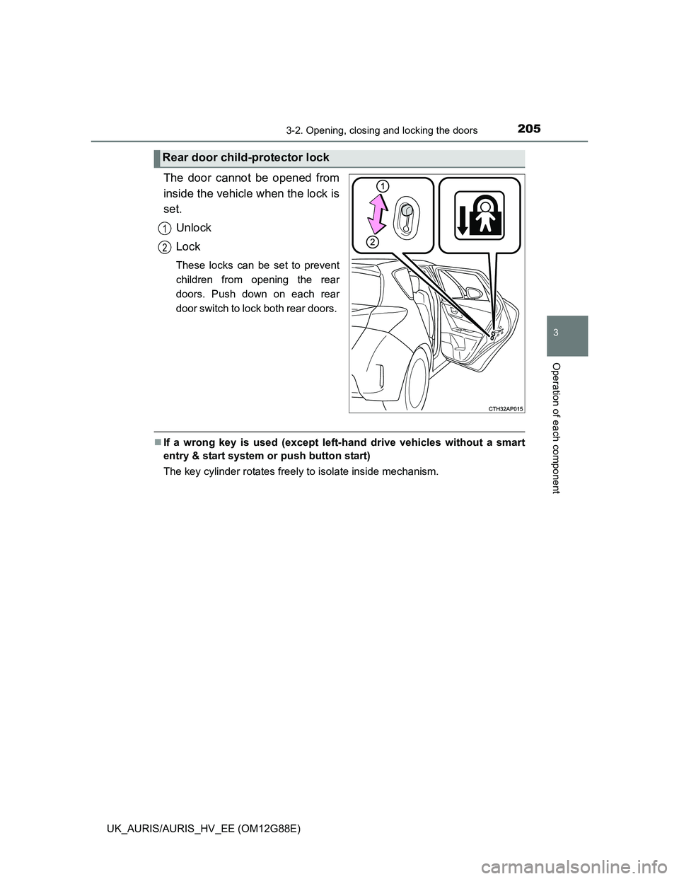TOYOTA AURIS HYBRID 2014  Owners Manual 2053-2. Opening, closing and locking the doors
UK_AURIS/AURIS_HV_EE (OM12G88E)
3
Operation of each component
The door cannot be opened from
inside the vehicle when the lock is
set.
Unlock
Lock
These l
