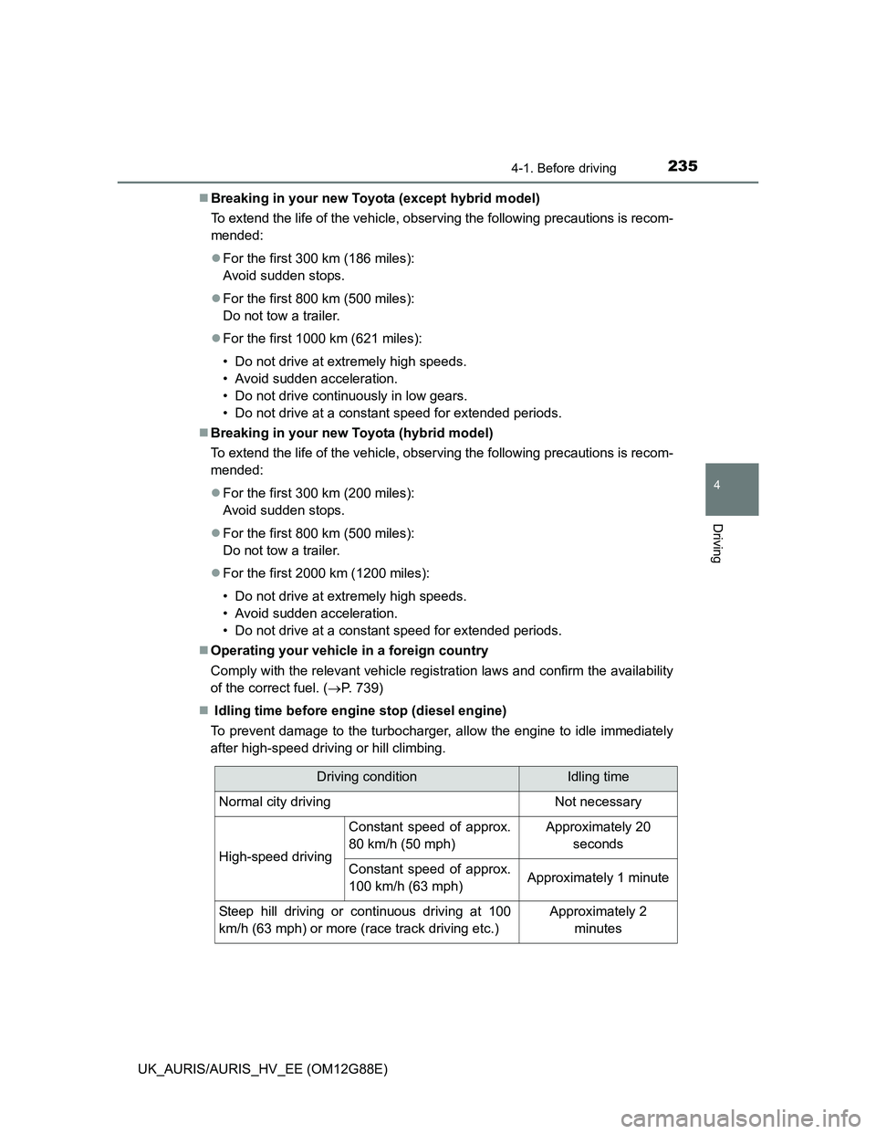 TOYOTA AURIS HYBRID 2014  Owners Manual 2354-1. Before driving
UK_AURIS/AURIS_HV_EE (OM12G88E)
4
Driving
Breaking in your new Toyota (except hybrid model)
To extend the life of the vehicle, observing the following precautions is recom-
m