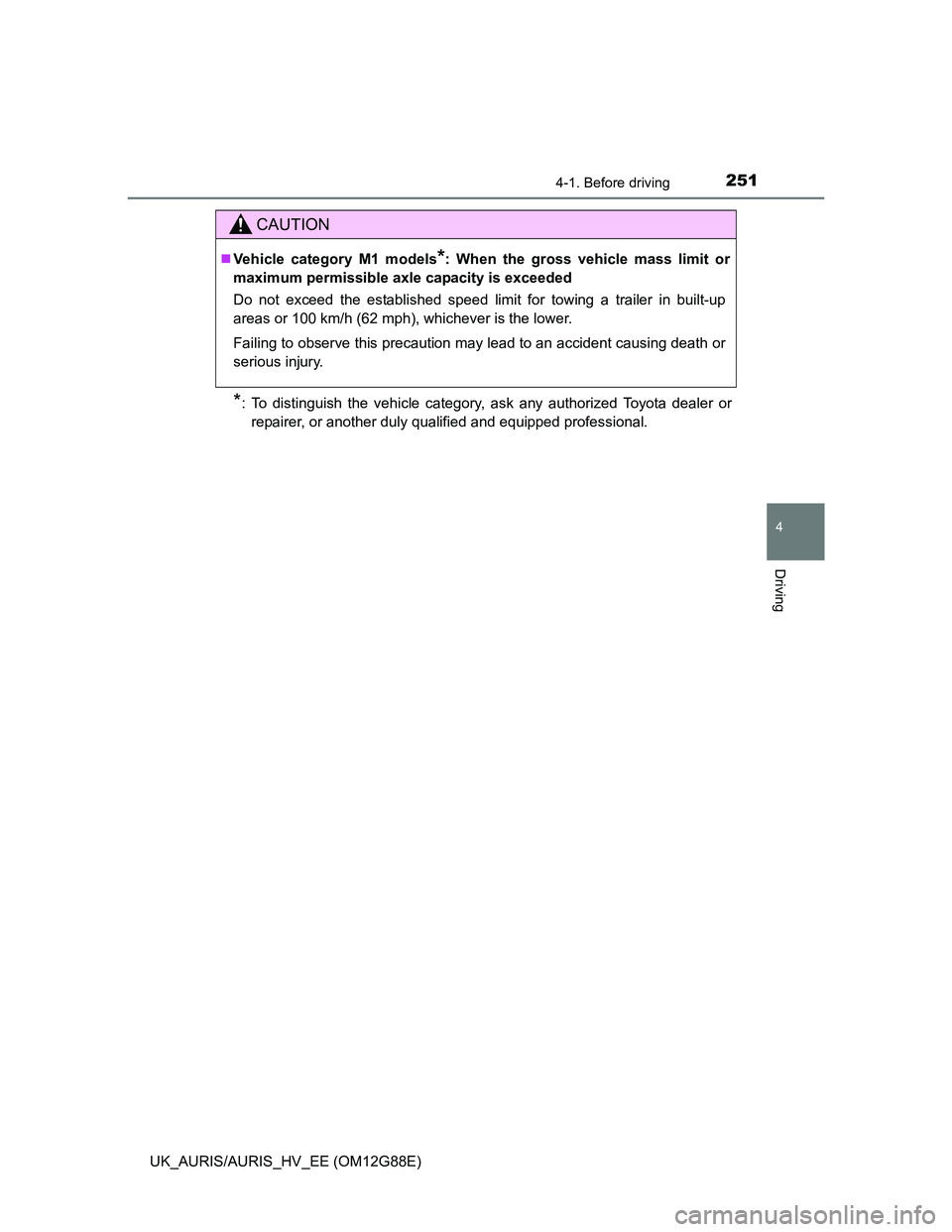 TOYOTA AURIS HYBRID 2014  Owners Manual 2514-1. Before driving
UK_AURIS/AURIS_HV_EE (OM12G88E)
4
Driving
*: To distinguish the vehicle category, ask any authorized Toyota dealer or
repairer, or another duly qualified and equipped profession
