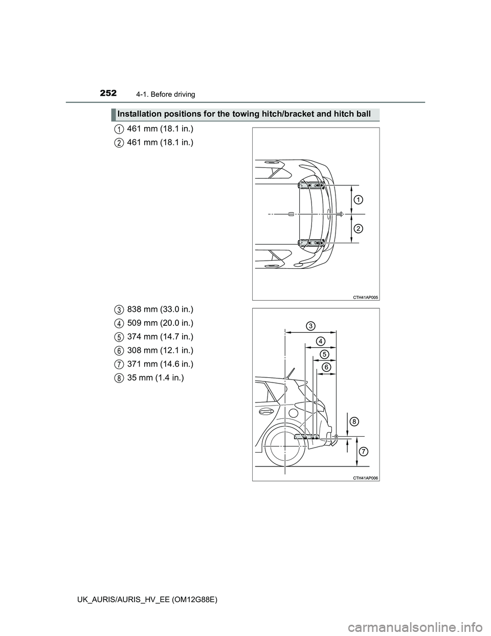 TOYOTA AURIS HYBRID 2014  Owners Manual 2524-1. Before driving
UK_AURIS/AURIS_HV_EE (OM12G88E)
461 mm (18.1 in.)
461 mm (18.1 in.)
838 mm (33.0 in.)
509 mm (20.0 in.)
374 mm (14.7 in.)
308 mm (12.1 in.)
371 mm (14.6 in.)
35 mm (1.4 in.)
Ins