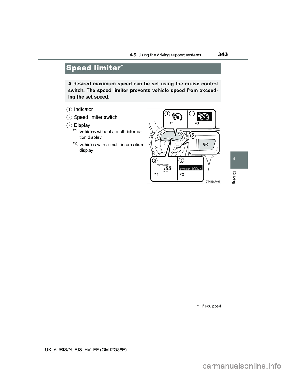 TOYOTA AURIS HYBRID 2014  Owners Manual 3434-5. Using the driving support systems
UK_AURIS/AURIS_HV_EE (OM12G88E)
4
Driving
Indicator
Speed limiter switch
Display
*1: Vehicles without a multi-informa-
tion display
*2: Vehicles with a multi-