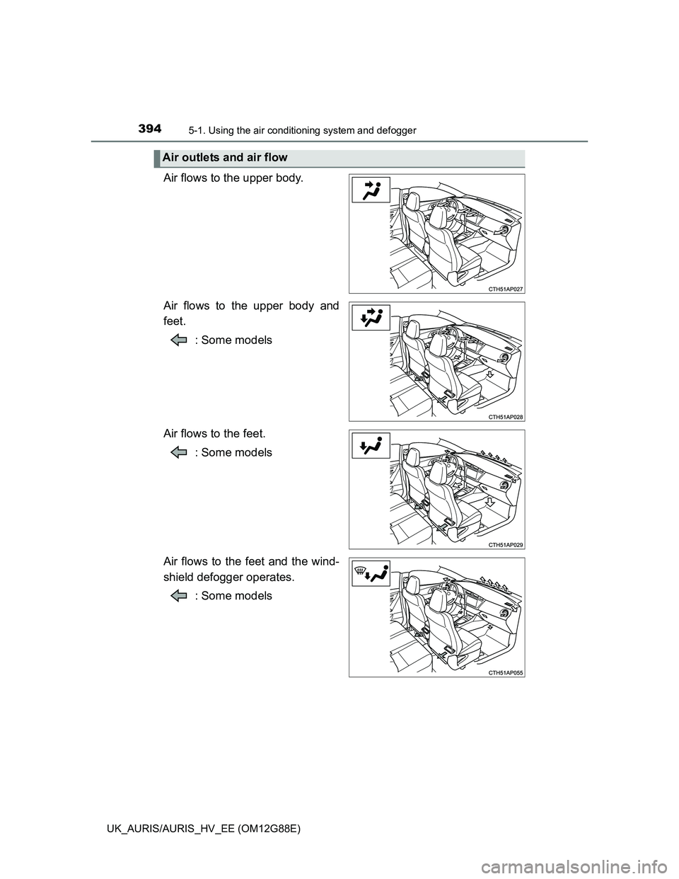 TOYOTA AURIS HYBRID 2014  Owners Manual 3945-1. Using the air conditioning system and defogger
UK_AURIS/AURIS_HV_EE (OM12G88E)
Air flows to the upper body.
Air flows to the upper body and
feet.
: Some models
Air flows to the feet.
: Some mo