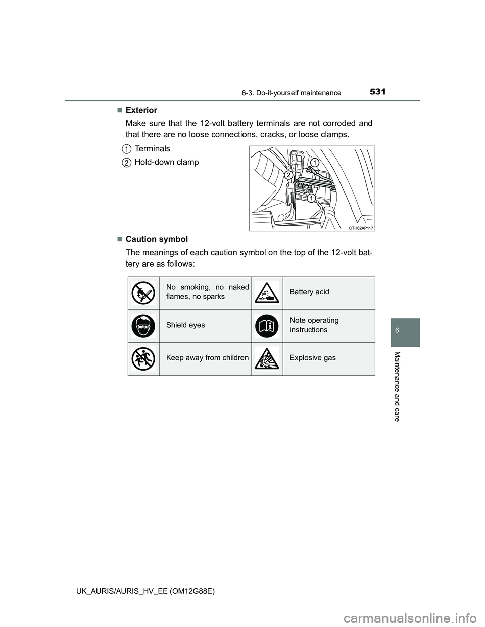 TOYOTA AURIS HYBRID 2014  Owners Manual 5316-3. Do-it-yourself maintenance
UK_AURIS/AURIS_HV_EE (OM12G88E)
6
Maintenance and care
Exterior
Make sure that the 12-volt battery terminals are not corroded and
that there are no loose connecti