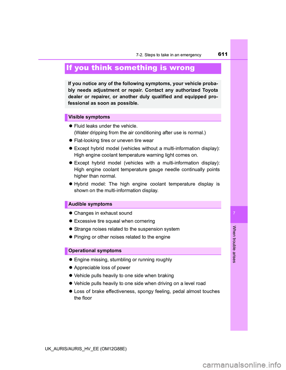 TOYOTA AURIS HYBRID 2014  Owners Manual 6117-2. Steps to take in an emergency
UK_AURIS/AURIS_HV_EE (OM12G88E)
7
When trouble arises
Fluid leaks under the vehicle.
(Water dripping from the air conditioning after use is normal.)
Flat-lo