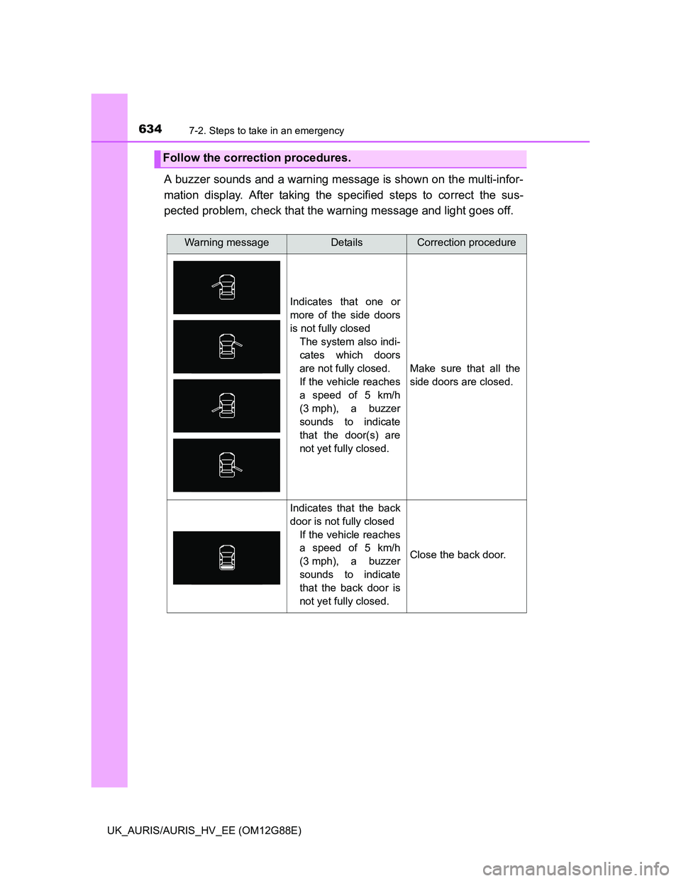 TOYOTA AURIS HYBRID 2014  Owners Manual 6347-2. Steps to take in an emergency
UK_AURIS/AURIS_HV_EE (OM12G88E)
A buzzer sounds and a warning message is shown on the multi-infor-
mation display. After taking the specified steps to correct the