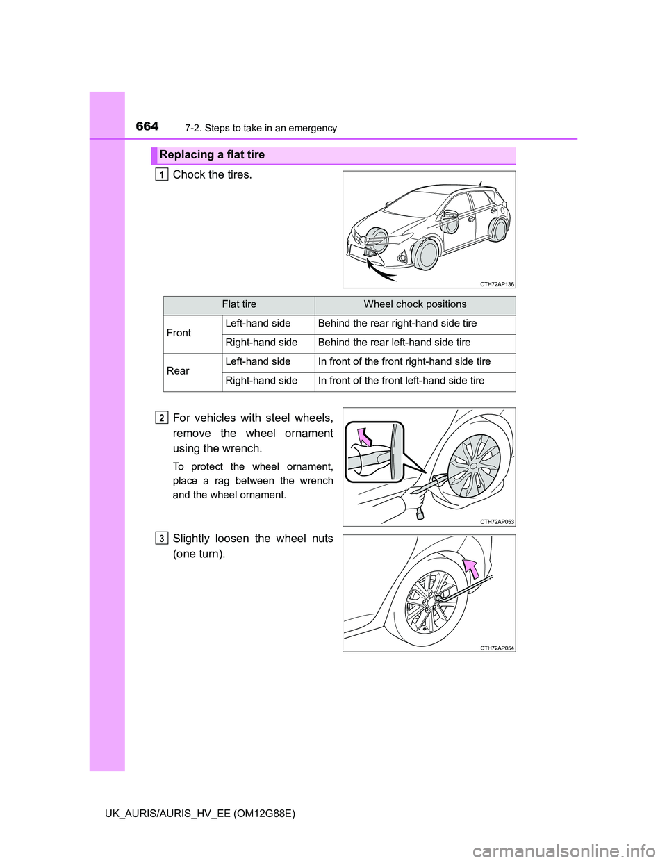 TOYOTA AURIS HYBRID 2014  Owners Manual 6647-2. Steps to take in an emergency
UK_AURIS/AURIS_HV_EE (OM12G88E)
Chock the tires.
For vehicles with steel wheels,
remove the wheel ornament
using the wrench.
To protect the wheel ornament,
place 