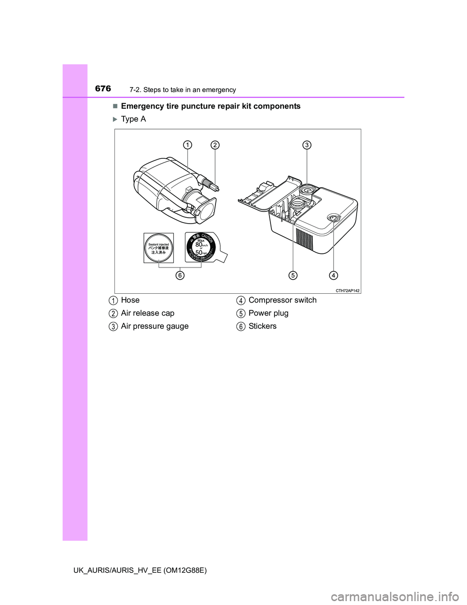 TOYOTA AURIS HYBRID 2014  Owners Manual 6767-2. Steps to take in an emergency
UK_AURIS/AURIS_HV_EE (OM12G88E)
Emergency tire puncture repair kit components
Ty p e  A
Hose
Air release cap
Air pressure gaugeCompressor switch
Power plug
