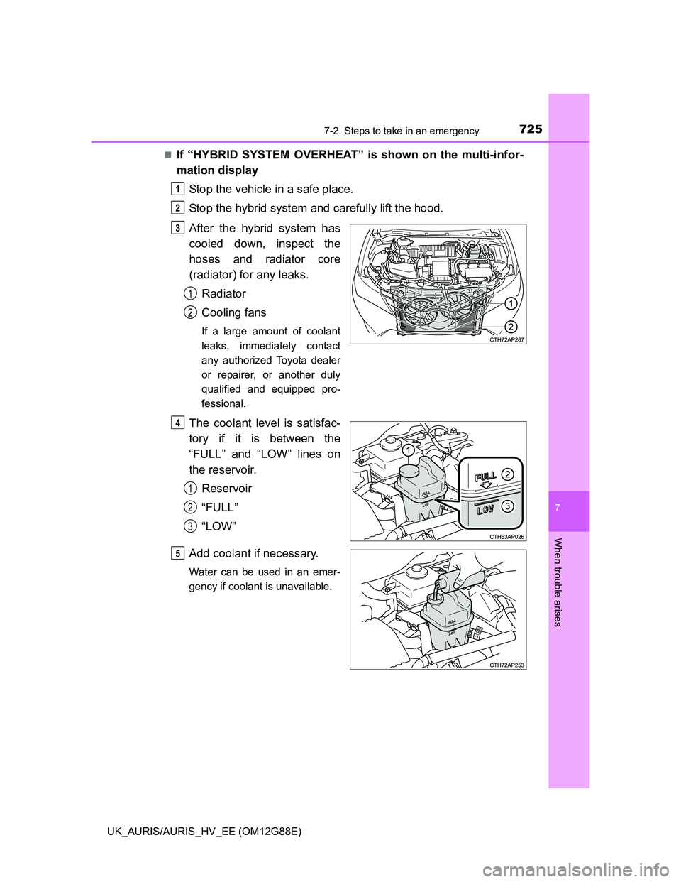 TOYOTA AURIS HYBRID 2014  Owners Manual 7257-2. Steps to take in an emergency
UK_AURIS/AURIS_HV_EE (OM12G88E)
7
When trouble arises
If “HYBRID SYSTEM OVERHEAT” is shown on the multi-infor-
mation display
Stop the vehicle in a safe pl