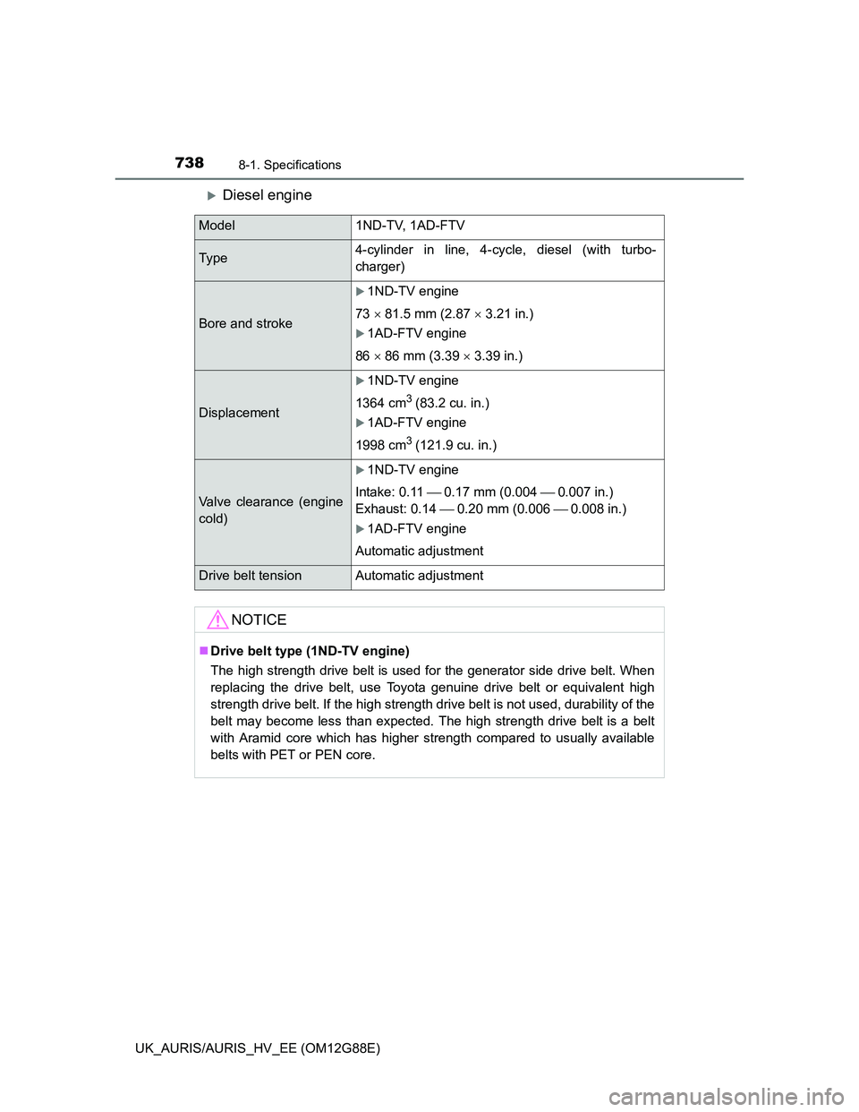 TOYOTA AURIS HYBRID 2014  Owners Manual 7388-1. Specifications
UK_AURIS/AURIS_HV_EE (OM12G88E)
Diesel engine
Model 1ND-TV, 1AD-FTV
Ty p e4-cylinder in line, 4-cycle, diesel (with turbo-
charger)
Bore and stroke
1ND-TV engine
73  81