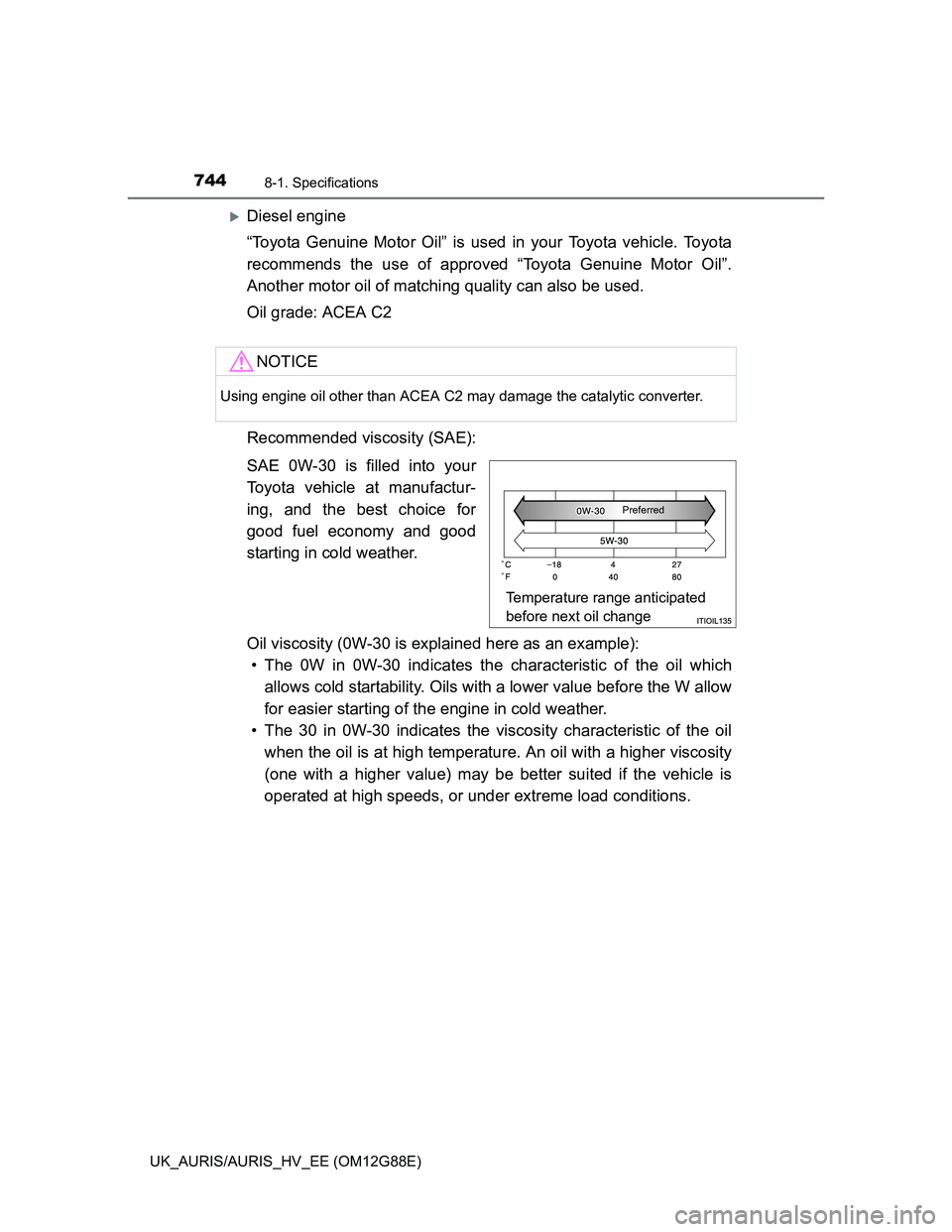 TOYOTA AURIS HYBRID 2014  Owners Manual 7448-1. Specifications
UK_AURIS/AURIS_HV_EE (OM12G88E)
Diesel engine
“Toyota Genuine Motor Oil” is used in your Toyota vehicle. Toyota
recommends the use of approved “Toyota Genuine Motor Oil