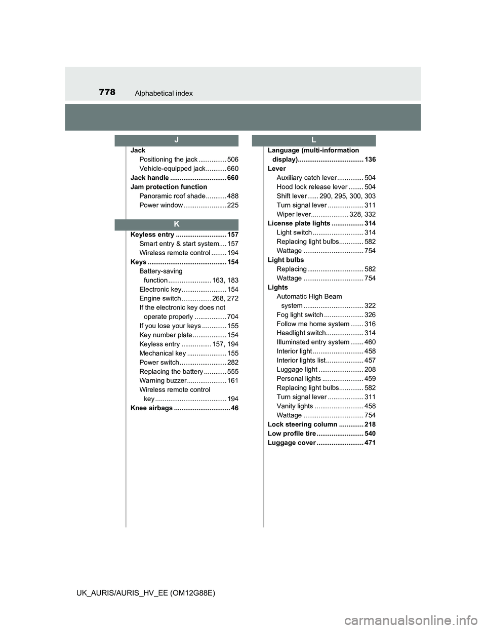 TOYOTA AURIS HYBRID 2014  Owners Manual 778Alphabetical index
UK_AURIS/AURIS_HV_EE (OM12G88E)
Jack
Positioning the jack ............... 506
Vehicle-equipped jack ........... 660
Jack handle .............................. 660
Jam protection 