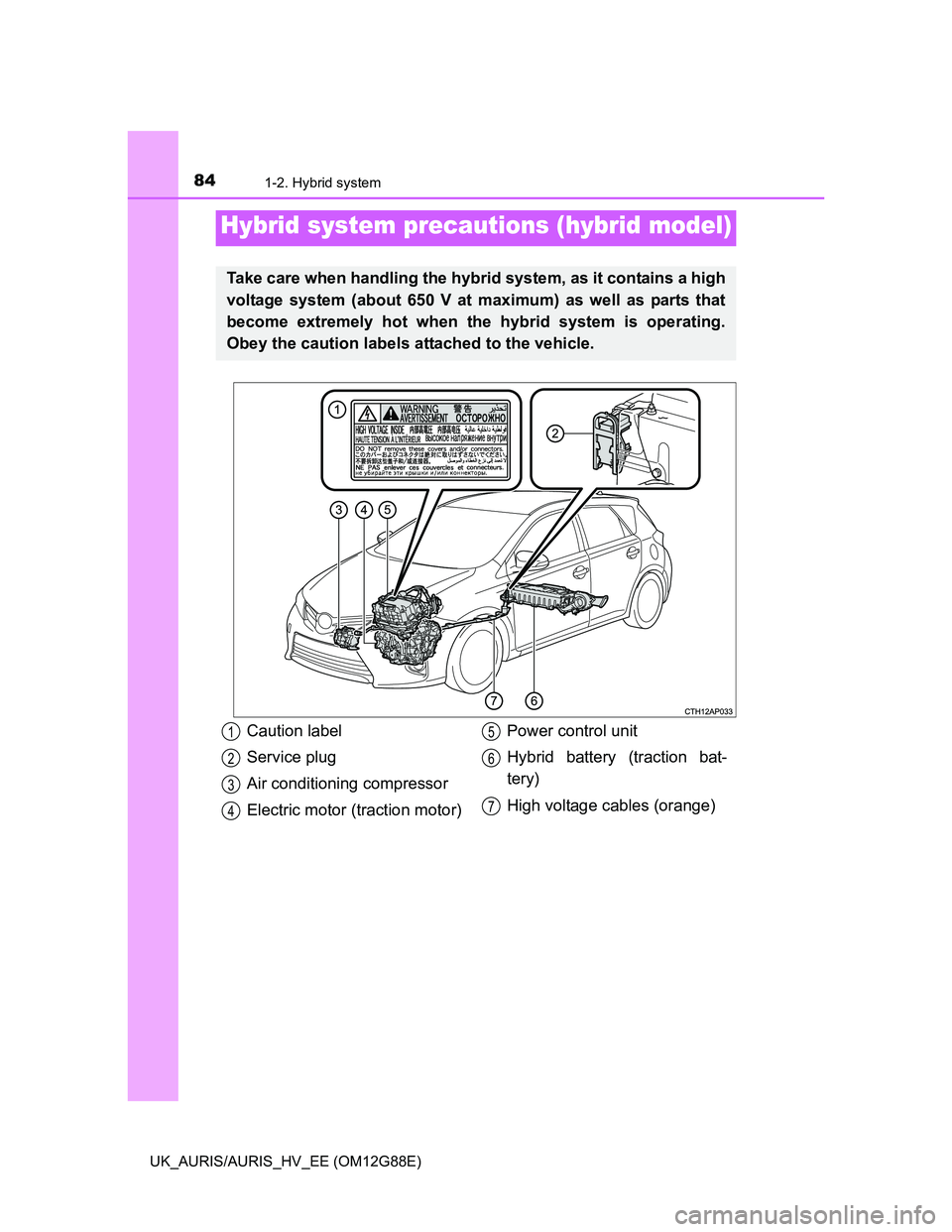 TOYOTA AURIS HYBRID 2014  Owners Manual 841-2. Hybrid system
UK_AURIS/AURIS_HV_EE (OM12G88E)
Hybrid system precautions (hybrid model)
Take care when handling the hybrid system, as it contains a high
voltage system (about 650 V at maximum) a