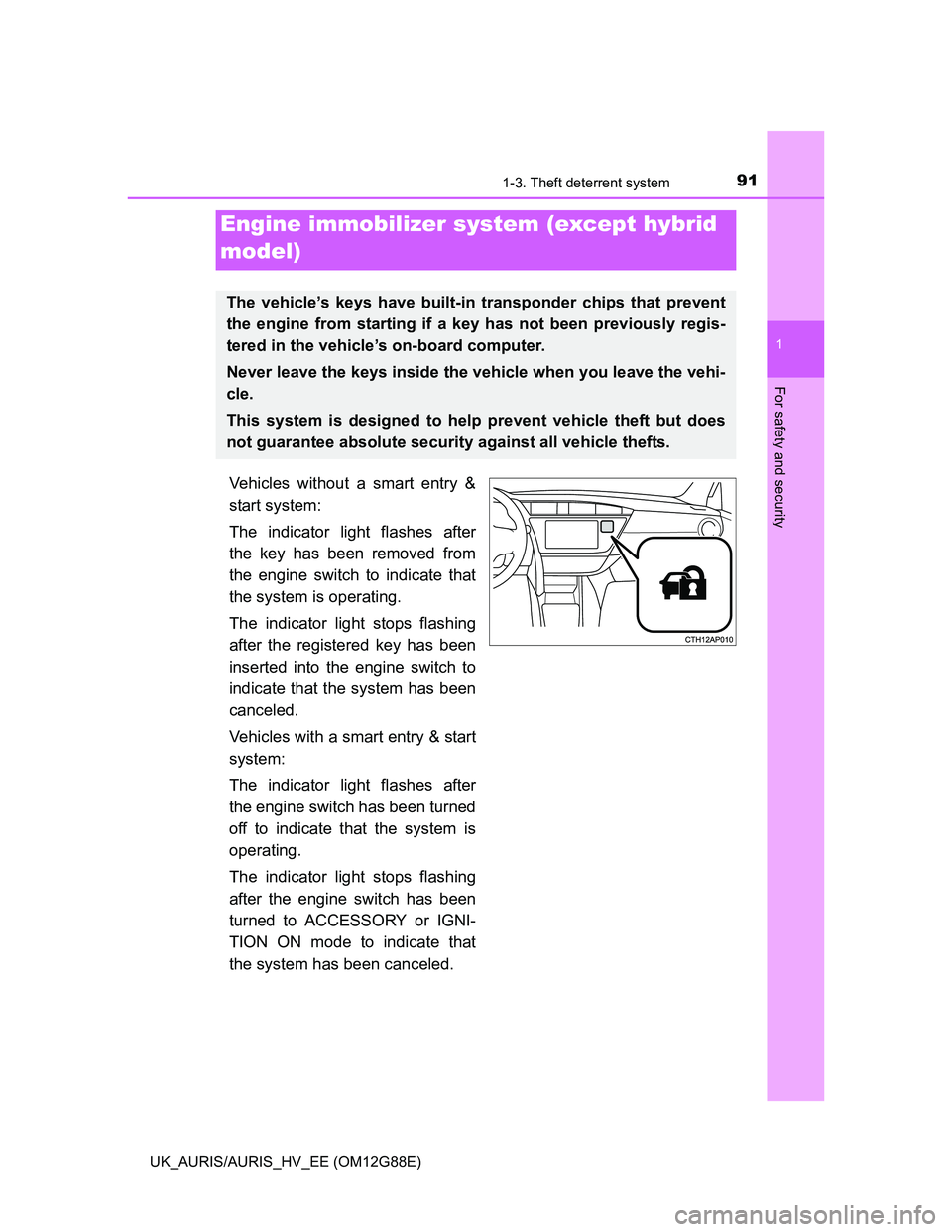 TOYOTA AURIS HYBRID 2014  Owners Manual 91
1
For safety and security
UK_AURIS/AURIS_HV_EE (OM12G88E)
1-3. Theft deterrent system
Vehicles without a smart entry &
start system:
The indicator light flashes after
the key has been removed from
