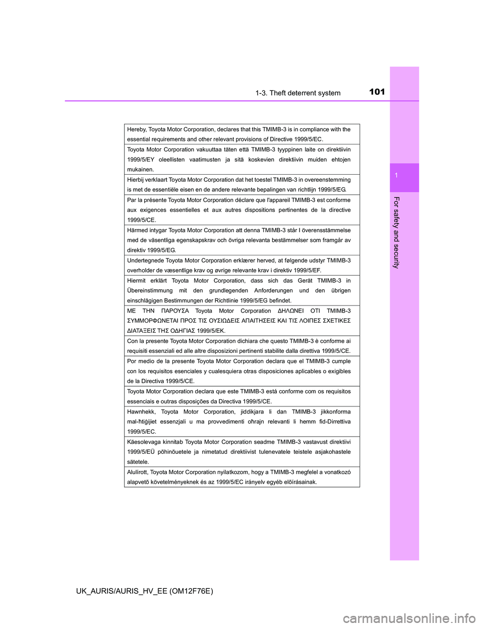 TOYOTA AURIS HYBRID 2013  Owners Manual 1011-3. Theft deterrent system
1
For safety and security
UK_AURIS/AURIS_HV_EE (OM12F76E)
Hereby, Toyota Motor Corporation, declares that this TMIMB-3 is in compliance with the 
essential requirements 