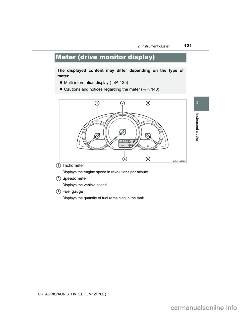 TOYOTA AURIS HYBRID 2013  Owners Manual 1212. Instrument cluster
UK_AURIS/AURIS_HV_EE (OM12F76E)
2
Instrument cluster
Tachometer
Displays the engine speed in revolutions per minute.
Speedometer
Displays the vehicle speed.
Fuel gauge
Display