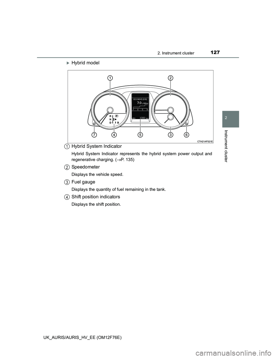 TOYOTA AURIS HYBRID 2013  Owners Manual 1272. Instrument cluster
UK_AURIS/AURIS_HV_EE (OM12F76E)
2
Instrument cluster
Hybrid model
Hybrid System Indicator
Hybrid System Indicator represents the hybrid system power output and
regenerative