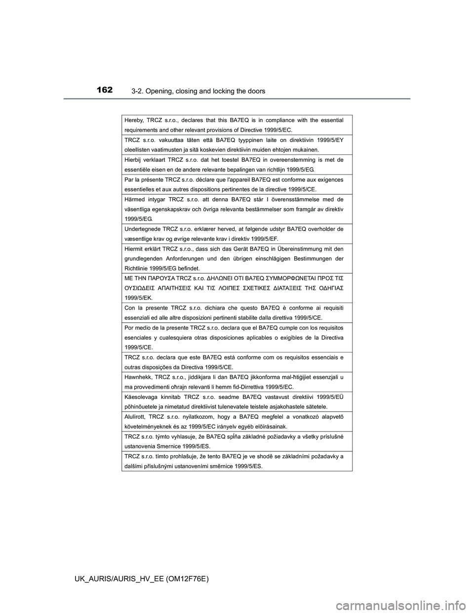 TOYOTA AURIS HYBRID 2013  Owners Manual 1623-2. Opening, closing and locking the doors
UK_AURIS/AURIS_HV_EE (OM12F76E)
Hereby, TRCZ s.r.o., declares that this BA7EQ is in compliance with the essential 
requirements and other relevant provis
