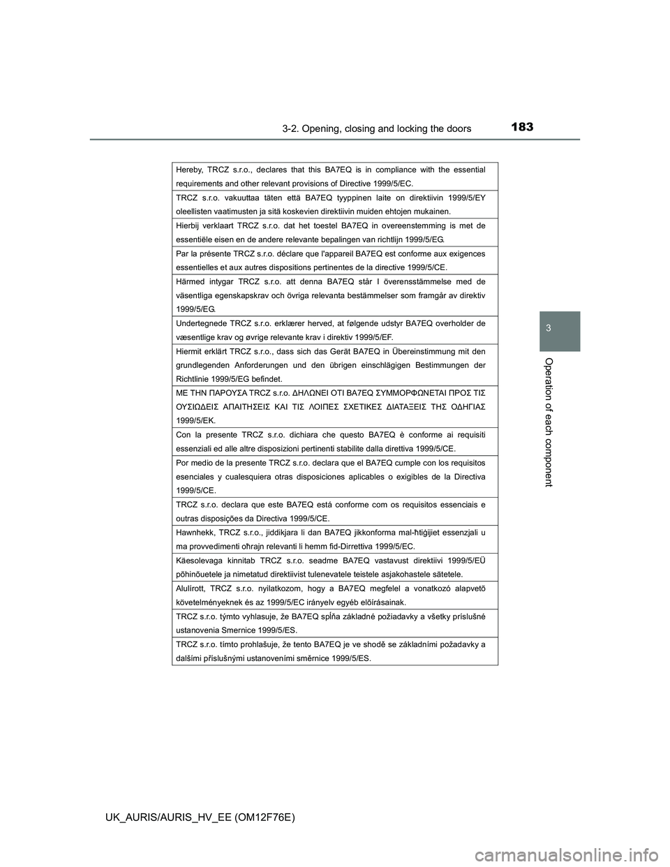 TOYOTA AURIS HYBRID 2013  Owners Manual 1833-2. Opening, closing and locking the doors
UK_AURIS/AURIS_HV_EE (OM12F76E)
3
Operation of each component
Hereby, TRCZ s.r.o., declares that this BA7EQ is in compliance with the essential 
requirem