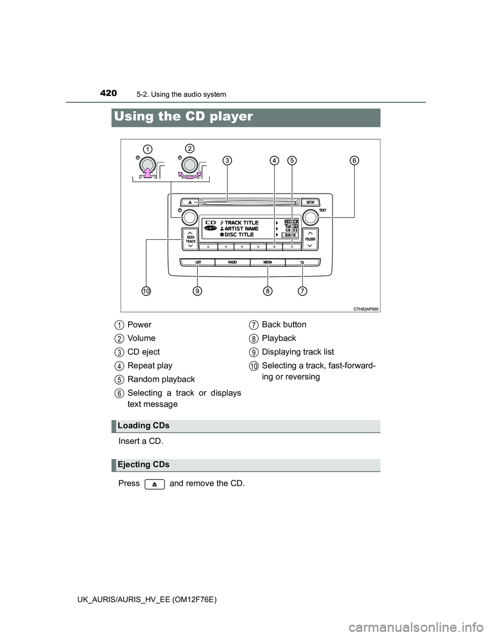TOYOTA AURIS HYBRID 2013  Owners Manual 4205-2. Using the audio system
UK_AURIS/AURIS_HV_EE (OM12F76E)
Insert a CD.
Press   and remove the CD.
Using the CD player
Power
Vo l u m e
CD eject
Repeat play
Random playback
Selecting a track or di