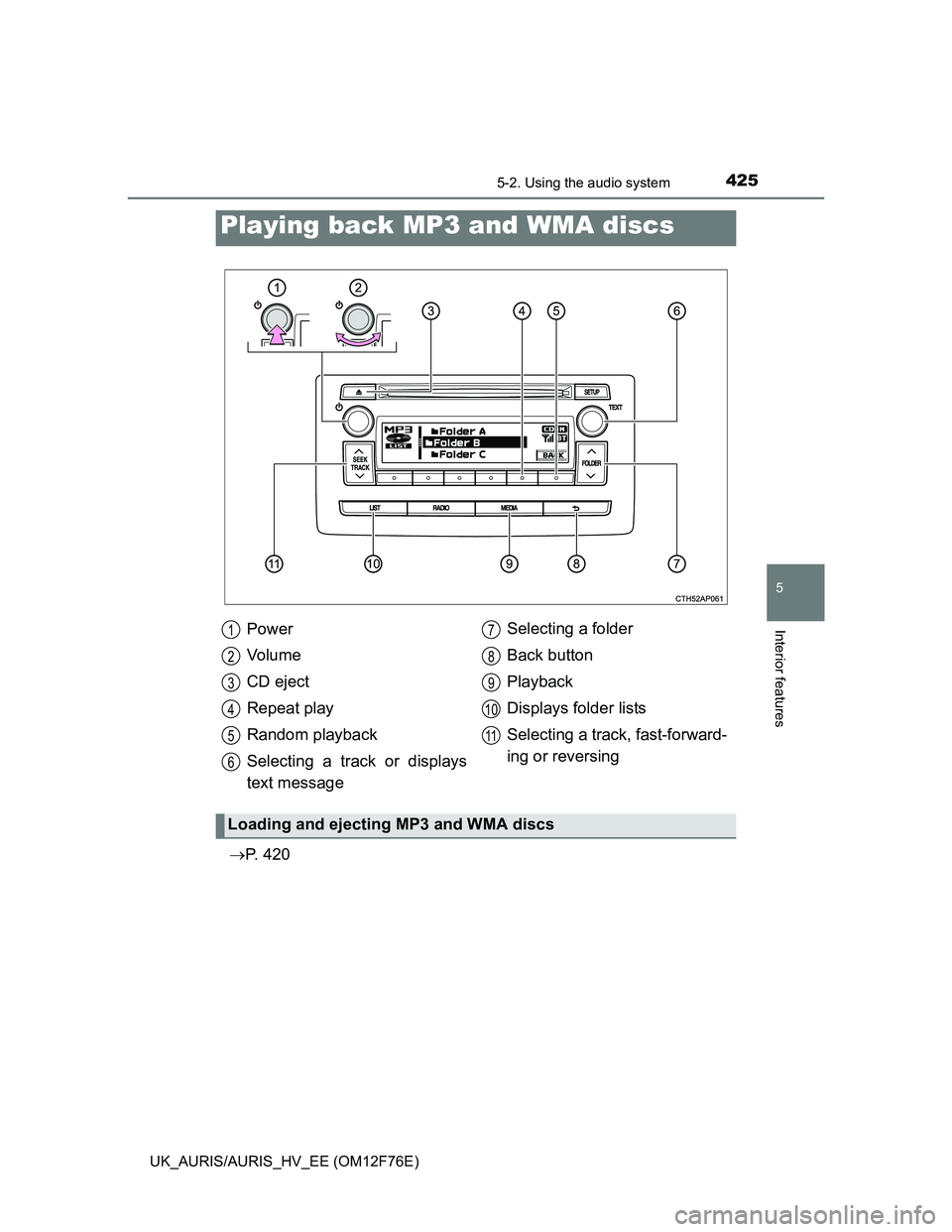 TOYOTA AURIS HYBRID 2013  Owners Manual 4255-2. Using the audio system
UK_AURIS/AURIS_HV_EE (OM12F76E)
5
Interior features
P.  4 2 0
Playing back MP3 and WMA discs
Power
Vo l u m e
CD eject
Repeat play
Random playback
Selecting a track o