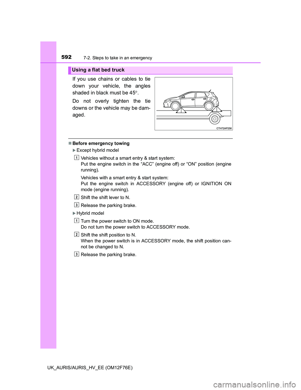 TOYOTA AURIS HYBRID 2013  Owners Manual 5927-2. Steps to take in an emergency
UK_AURIS/AURIS_HV_EE (OM12F76E)
If you use chains or cables to tie
down your vehicle, the angles
shaded in black must be 45.
Do not overly tighten the tie
down