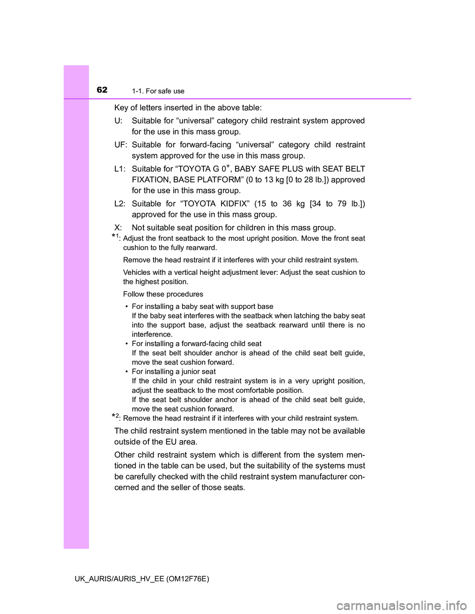 TOYOTA AURIS HYBRID 2013  Owners Manual 621-1. For safe use
UK_AURIS/AURIS_HV_EE (OM12F76E)
Key of letters inserted in the above table:
U: Suitable for “universal” category child restraint system approved
for the use in this mass group.