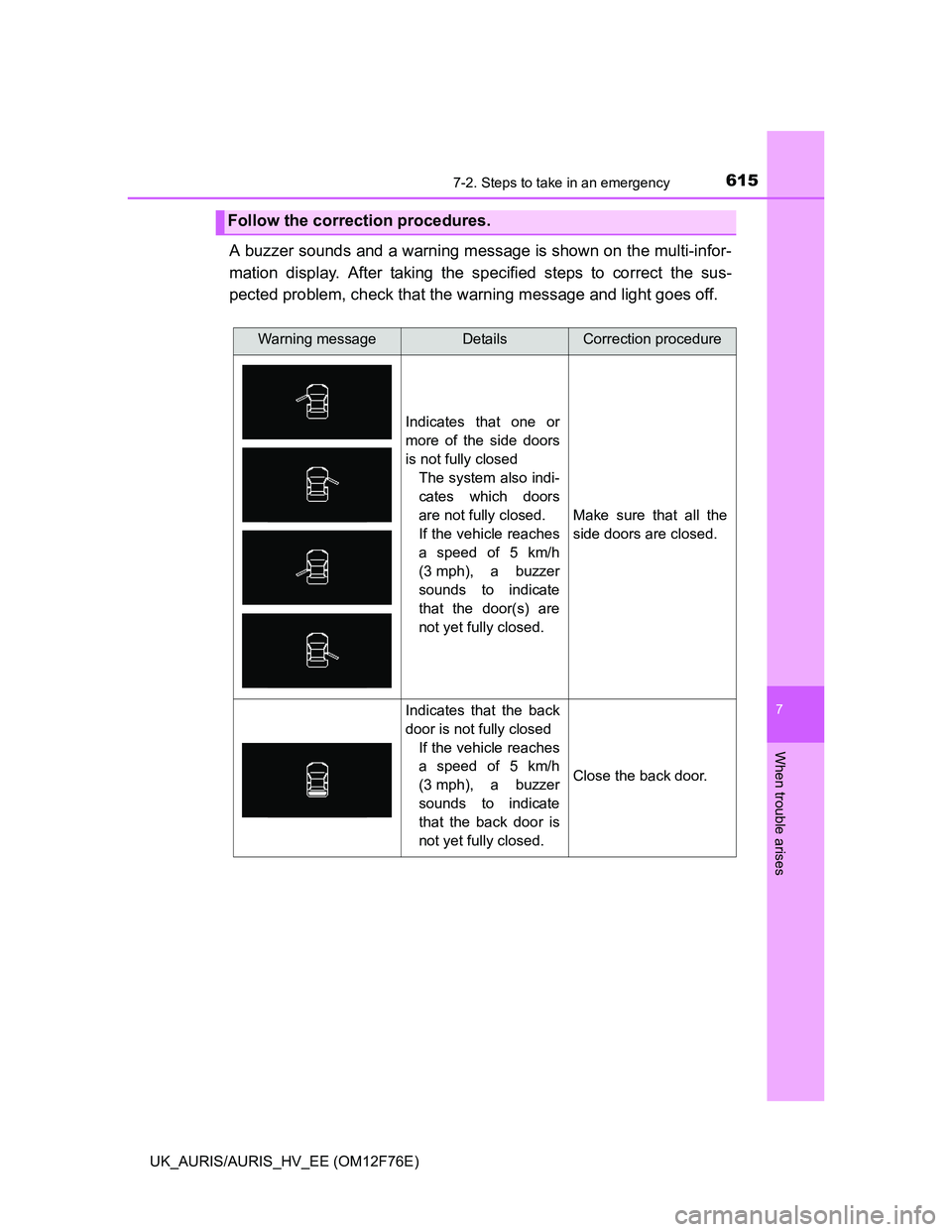 TOYOTA AURIS HYBRID 2013  Owners Manual 6157-2. Steps to take in an emergency
UK_AURIS/AURIS_HV_EE (OM12F76E)
7
When trouble arises
A buzzer sounds and a warning message is shown on the multi-infor-
mation display. After taking the specifie