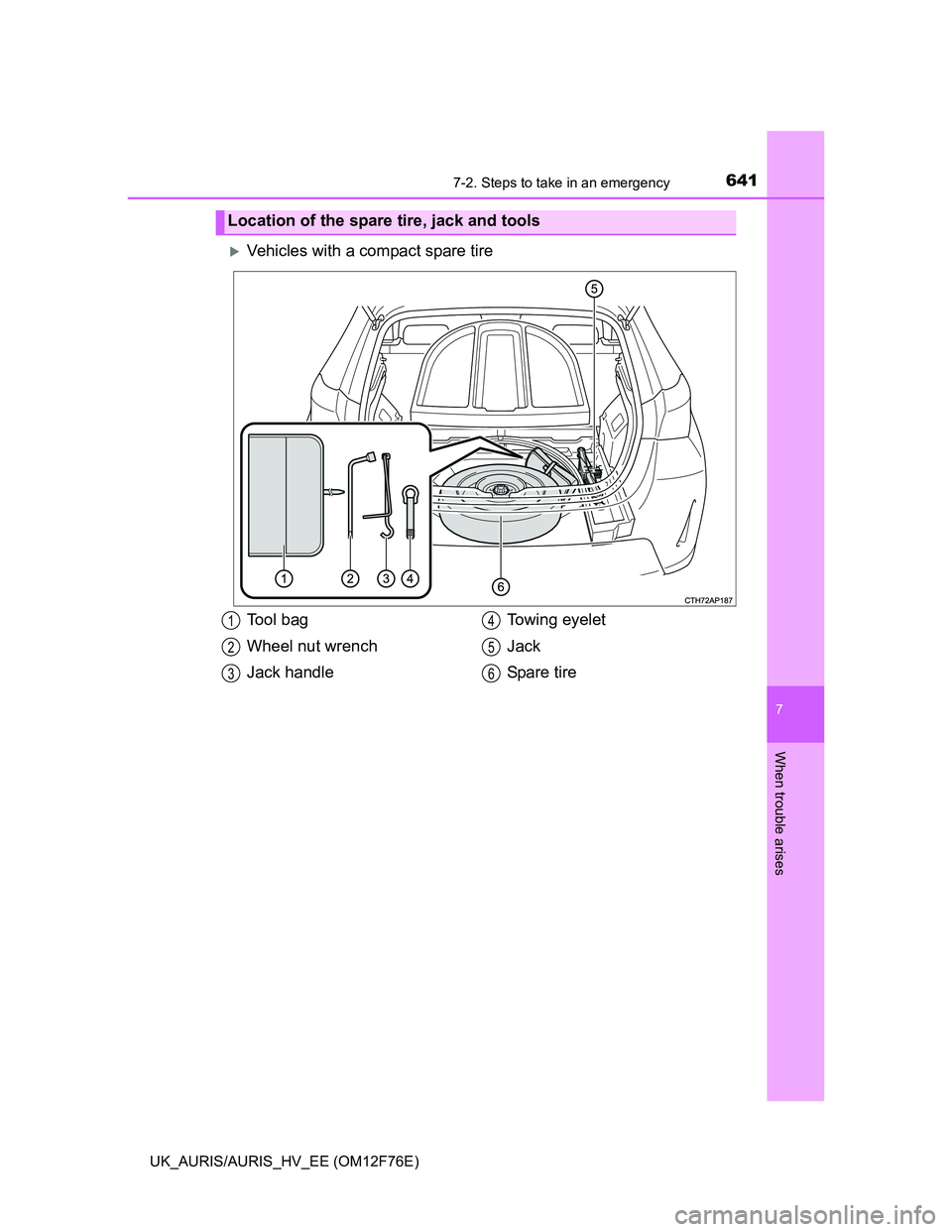 TOYOTA AURIS HYBRID 2013  Owners Manual 6417-2. Steps to take in an emergency
UK_AURIS/AURIS_HV_EE (OM12F76E)
7
When trouble arises
Vehicles with a compact spare tire
Location of the spare tire, jack and tools
Tool bag
Wheel nut wrench
J