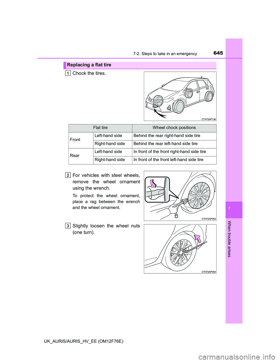 TOYOTA AURIS HYBRID 2013  Owners Manual 6457-2. Steps to take in an emergency
UK_AURIS/AURIS_HV_EE (OM12F76E)
7
When trouble arises
Chock the tires.
For vehicles with steel wheels,
remove the wheel ornament
using the wrench.
To protect the 