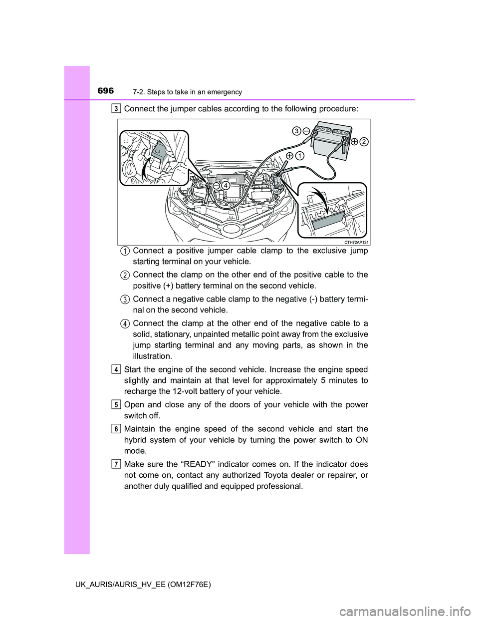 TOYOTA AURIS HYBRID 2013  Owners Manual 6967-2. Steps to take in an emergency
UK_AURIS/AURIS_HV_EE (OM12F76E)
Connect the jumper cables according to the following procedure:
Connect a positive jumper cable clamp to the exclusive jump
starti
