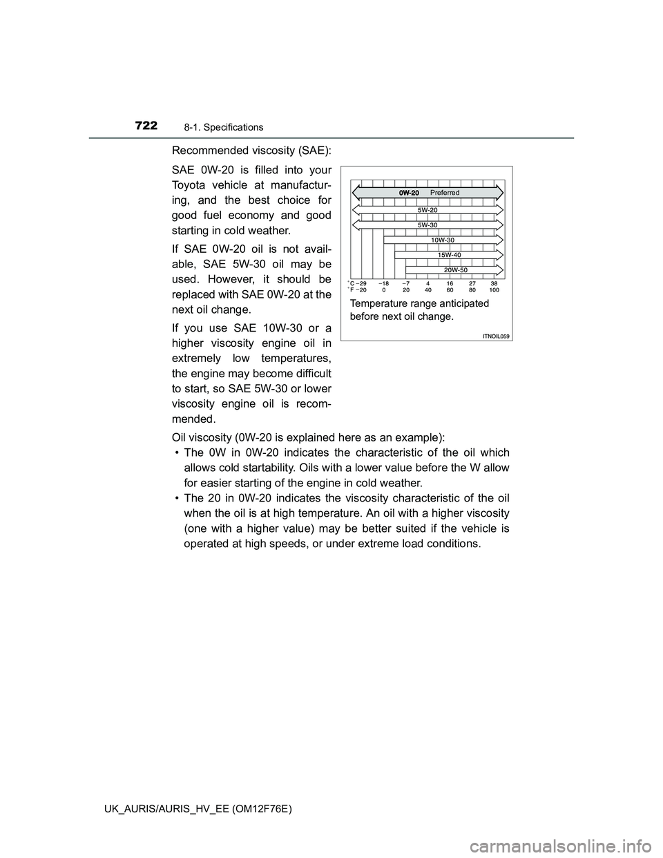 TOYOTA AURIS HYBRID 2013  Owners Manual 7228-1. Specifications
UK_AURIS/AURIS_HV_EE (OM12F76E)
Recommended viscosity (SAE):
SAE 0W-20 is filled into your
Toyota vehicle at manufactur-
ing, and the best choice for
good fuel economy and good

