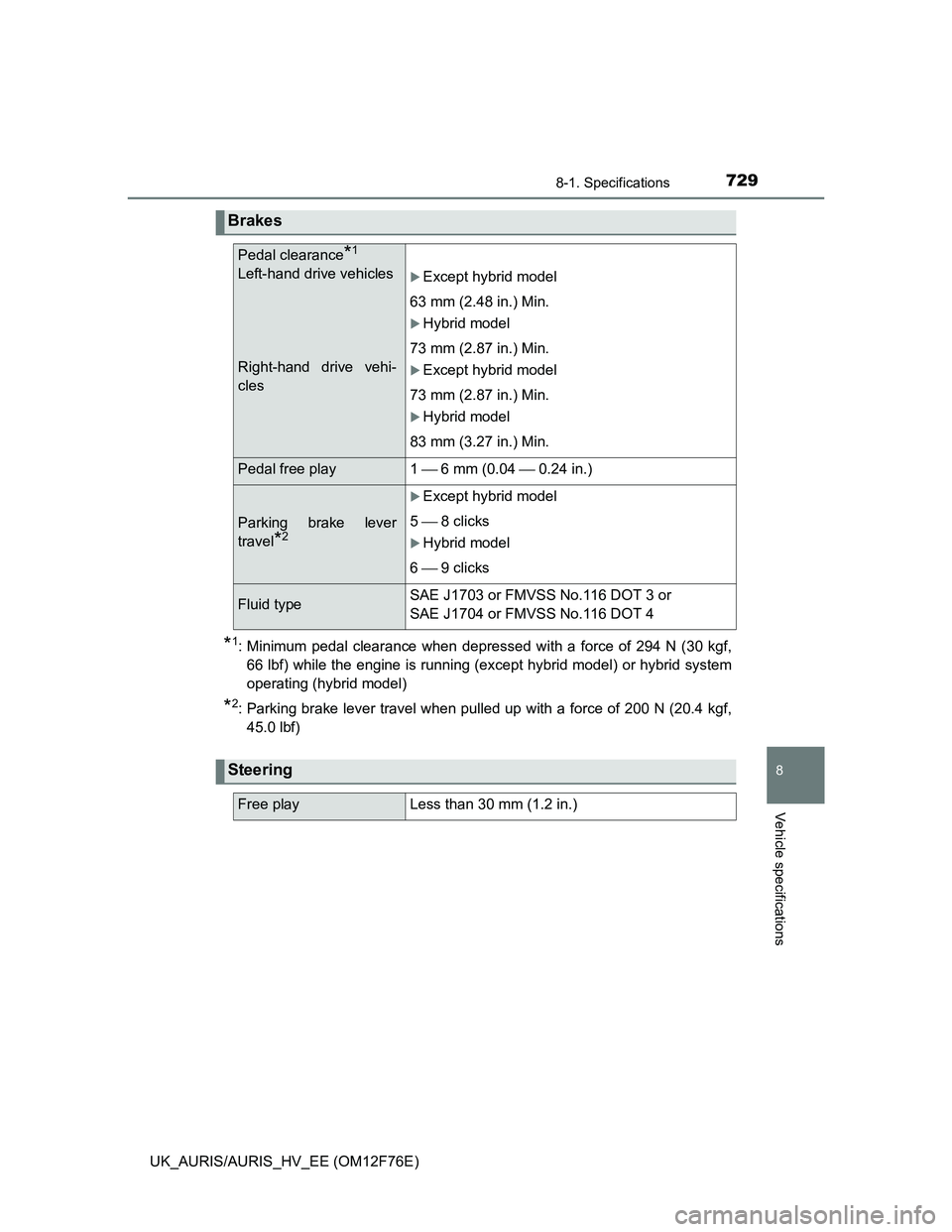 TOYOTA AURIS HYBRID 2013  Owners Manual 7298-1. Specifications
UK_AURIS/AURIS_HV_EE (OM12F76E)
8
Vehicle specifications
*1: Minimum pedal clearance when depressed with a force of 294 N (30 kgf,
66 lbf) while the engine is running (except hy