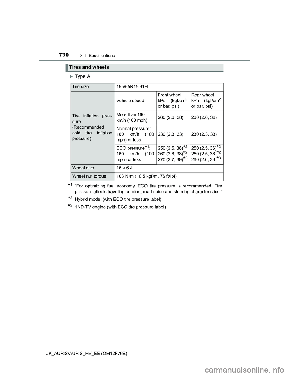 TOYOTA AURIS HYBRID 2013  Owners Manual 7308-1. Specifications
UK_AURIS/AURIS_HV_EE (OM12F76E)
Ty p e  A
*1: “For optimizing fuel economy, ECO tire pressure is recommended. Tire
pressure affects traveling comfort, road noise and steeri