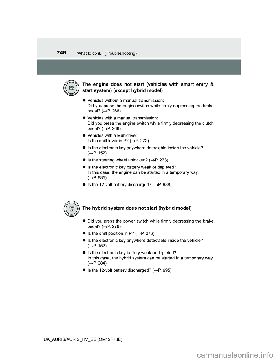 TOYOTA AURIS HYBRID 2013  Owners Manual 746What to do if... (Troubleshooting)
UK_AURIS/AURIS_HV_EE (OM12F76E)
Vehicles without a manual transmission: 
Did you press the engine switch while firmly depressing the brake
pedal? (P. 266)
