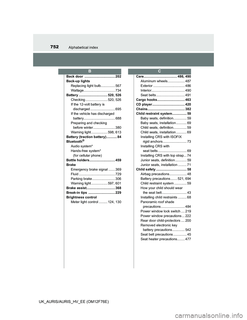 TOYOTA AURIS HYBRID 2013  Owners Manual 752Alphabetical index
UK_AURIS/AURIS_HV_EE (OM12F76E)
Back door  ................................ 202
Back-up lights
Replacing light bulb............... 567
Wattage................................. 73