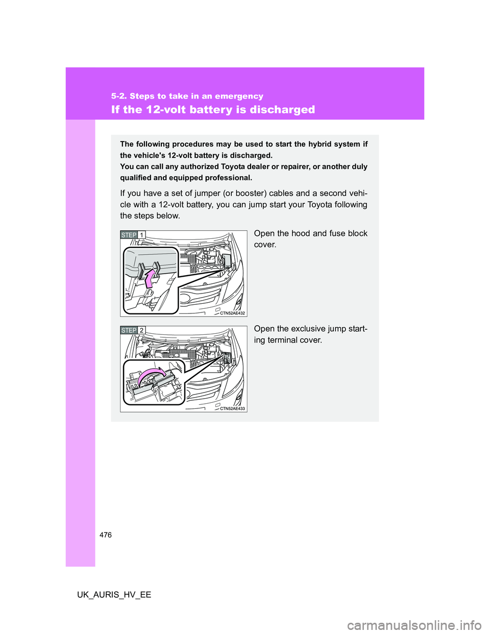 TOYOTA AURIS HYBRID 2011  Owners Manual 476
5-2. Steps to take in an emergency
UK_AURIS_HV_EE
If the 12-volt batter y is discharged
The following procedures may be used to start the hybrid system if
the vehicles 12-volt battery is discharg