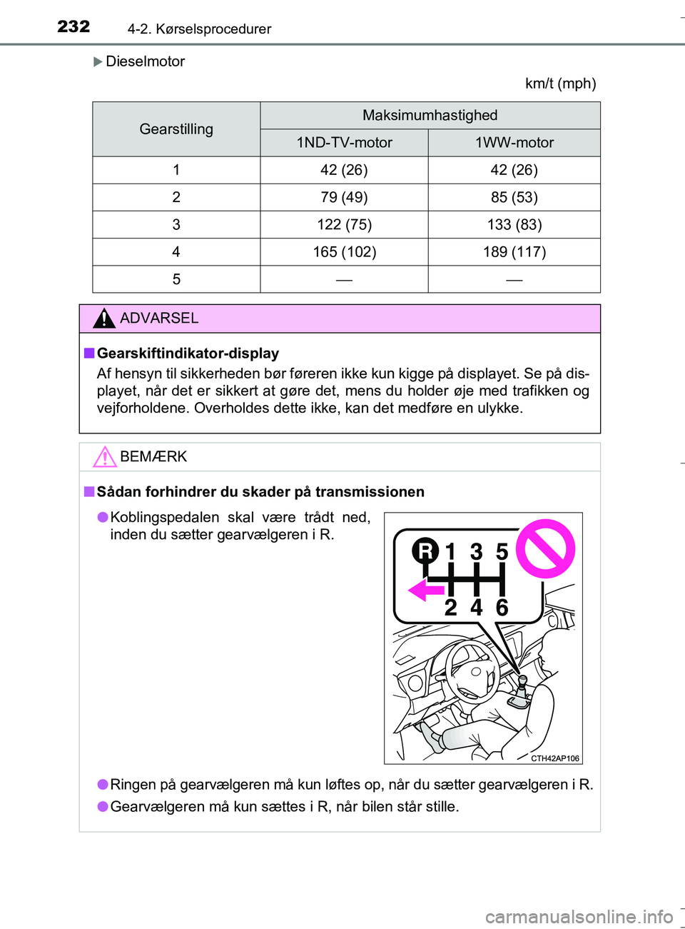 TOYOTA AURIS TOURING SPORTS 2017  Brugsanvisning (in Danish) 2324-2. Kørselsprocedurer
OM12L13DK_Auris TS
Dieselmotorkm/t (mph)
GearstillingMaksimumhastighed
1ND-TV-motor1WW-motor
142 (26)42 (26)
279 (49)85 (53)
3122 (75)133 (83)
4165 (102)189 (117)
5