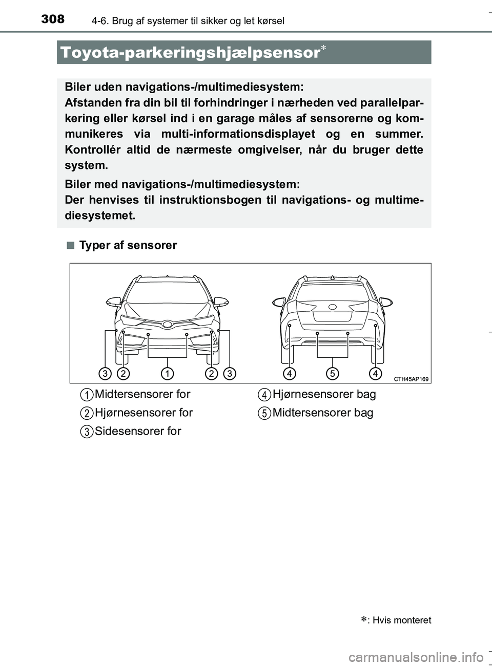 TOYOTA AURIS TOURING SPORTS 2017  Brugsanvisning (in Danish) 3084-6. Brug af systemer til sikker og let kørsel
OM12L13DK_Auris TSn
Typer af sensorer
Toyota-parkeringshjælpsensor
: Hvis monteret
Biler uden navigations-/multimediesystem: 
Afstanden fra di