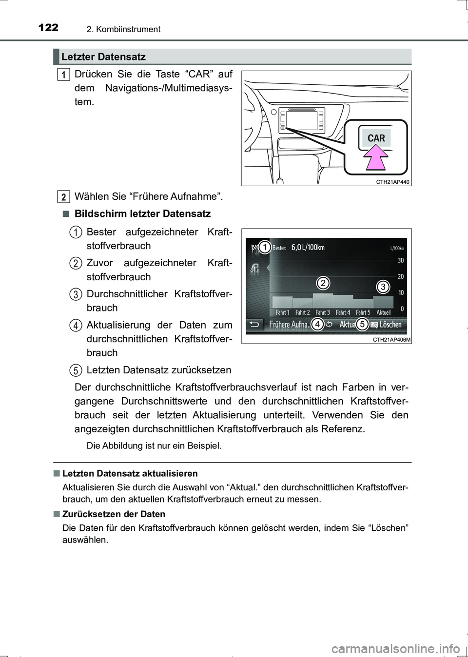 TOYOTA AURIS TOURING SPORTS 2017  Betriebsanleitungen (in German) 1222. Kombiinstrument
UK_AURIS_Touring_Sports_EM (OM12L15M)
Drücken Sie die Taste “CAR” auf
dem Navigations-/Multimediasys-
tem.
Wählen Sie “Frühere Aufnahme”.
■Bildschirm letzter Datensa