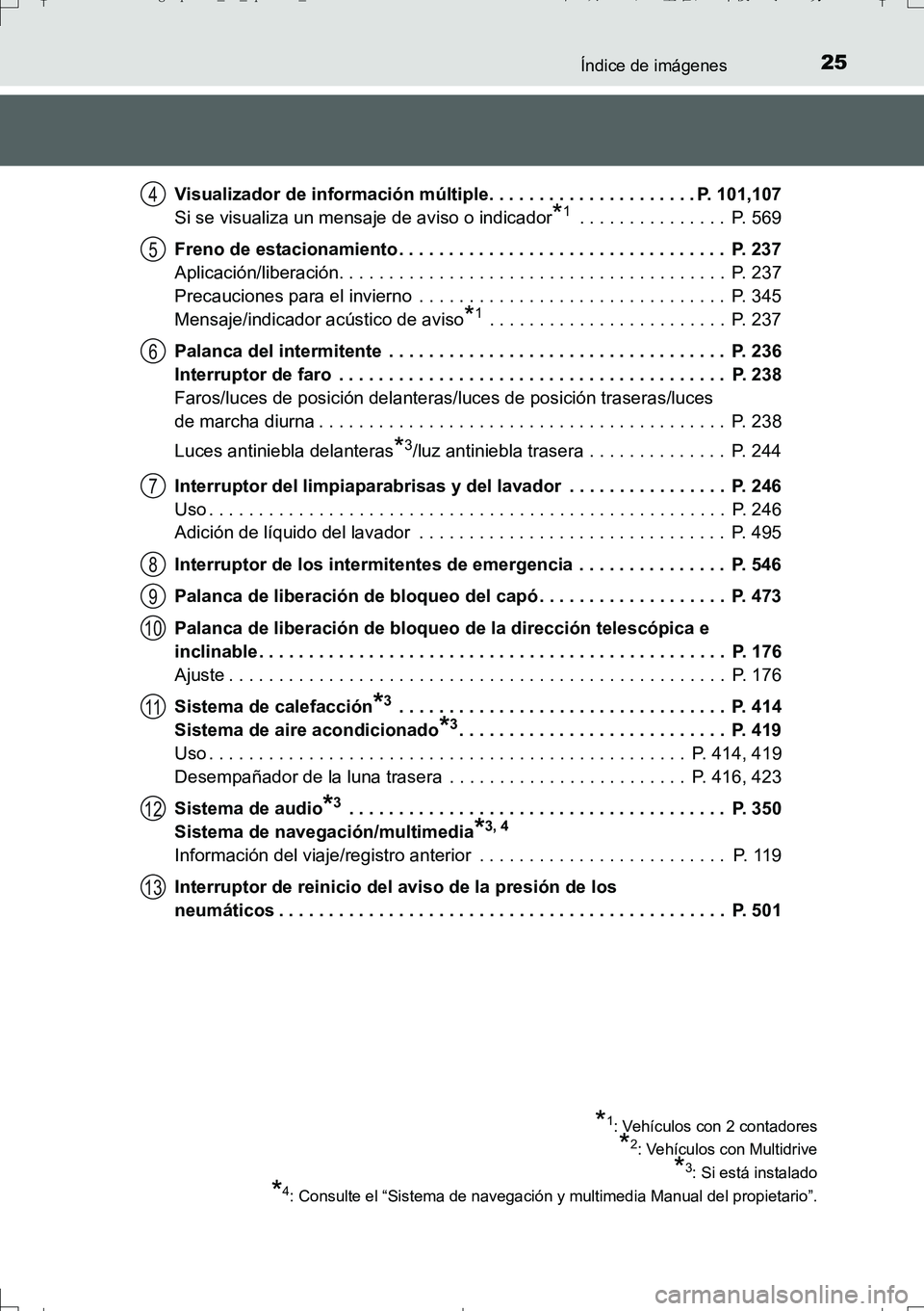 TOYOTA AURIS TOURING SPORTS 2017  Manual del propietario (in Spanish) 25Índice de imágenes
UK_AURIS_Touring_Sport_ES (OM12L16S)Visualizador de información múltiple. . . . . . . . . . . . . . . . . . . . . P. 101,107
Si se visualiza un mensaje de aviso o indicador
*1