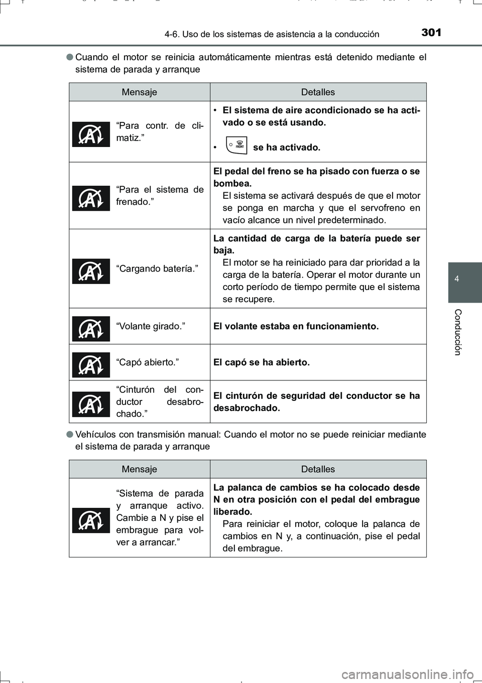 TOYOTA AURIS TOURING SPORTS 2017  Manual del propietario (in Spanish) 3014-6. Uso de los sistemas de asistencia a la conducción
4
Conducción
UK_AURIS_Touring_Sport_ES (OM12L16S)●Cuando el motor se reinicia automáticamente mientras está detenido mediante el
sistema