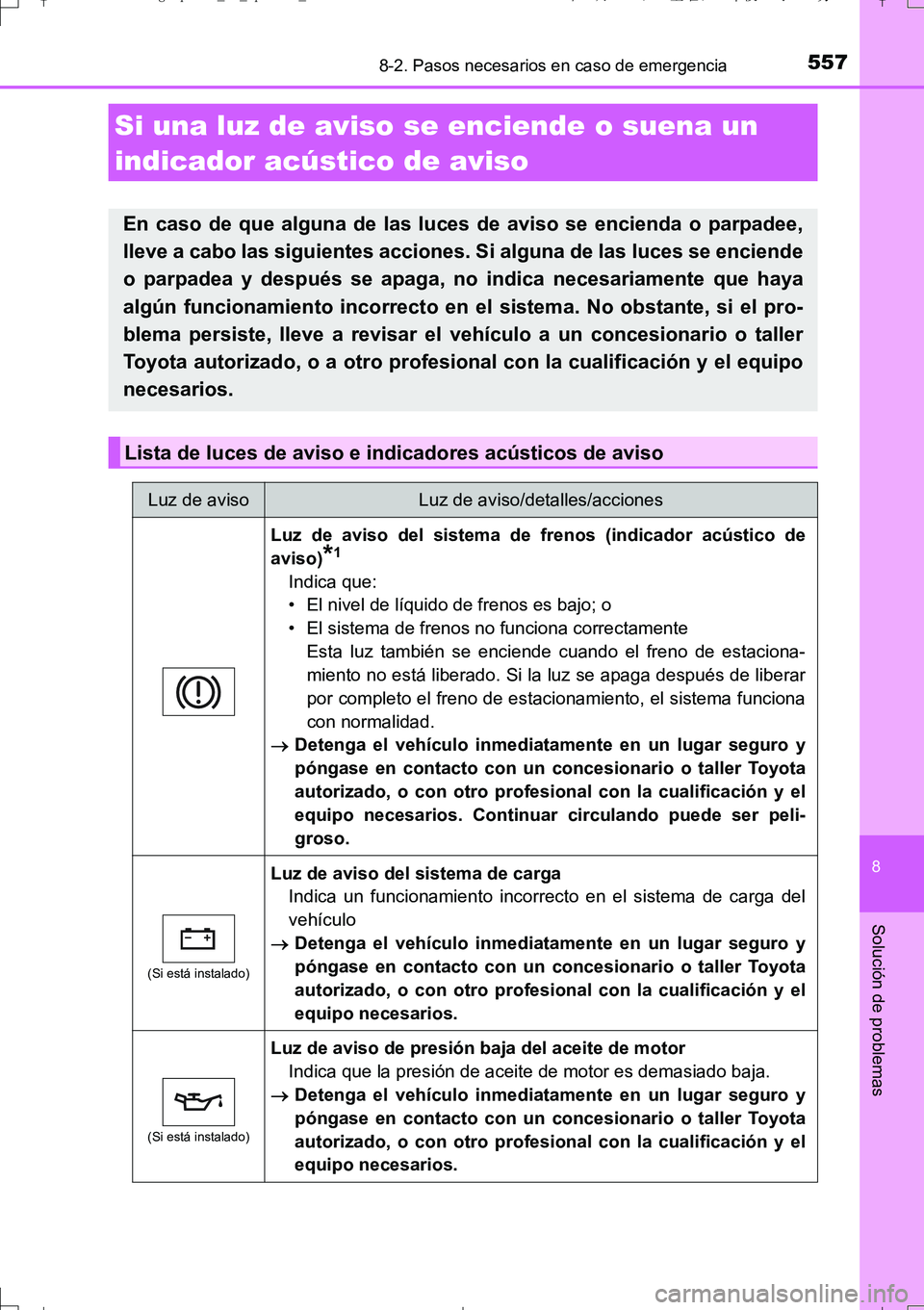 TOYOTA AURIS TOURING SPORTS 2017  Manual del propietario (in Spanish) 5578-2. Pasos necesarios en caso de emergencia
8
Solución de problemas
UK_AURIS_Touring_Sport_ES (OM12L16S)
Si una luz de aviso se enciende o suena un 
indicador acústico de aviso
En caso de que alg