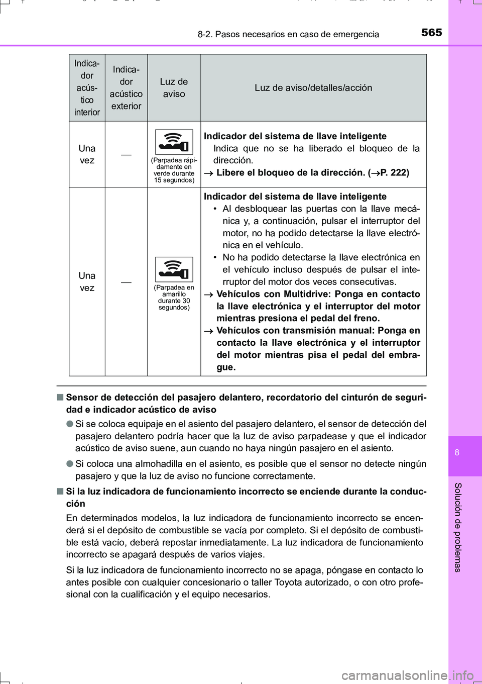 TOYOTA AURIS TOURING SPORTS 2017  Manual del propietario (in Spanish) 5658-2. Pasos necesarios en caso de emergencia
8
Solución de problemas
UK_AURIS_Touring_Sport_ES (OM12L16S)
■Sensor de detección del pasajero delantero, recordatorio del cinturón de seguri-
dad e