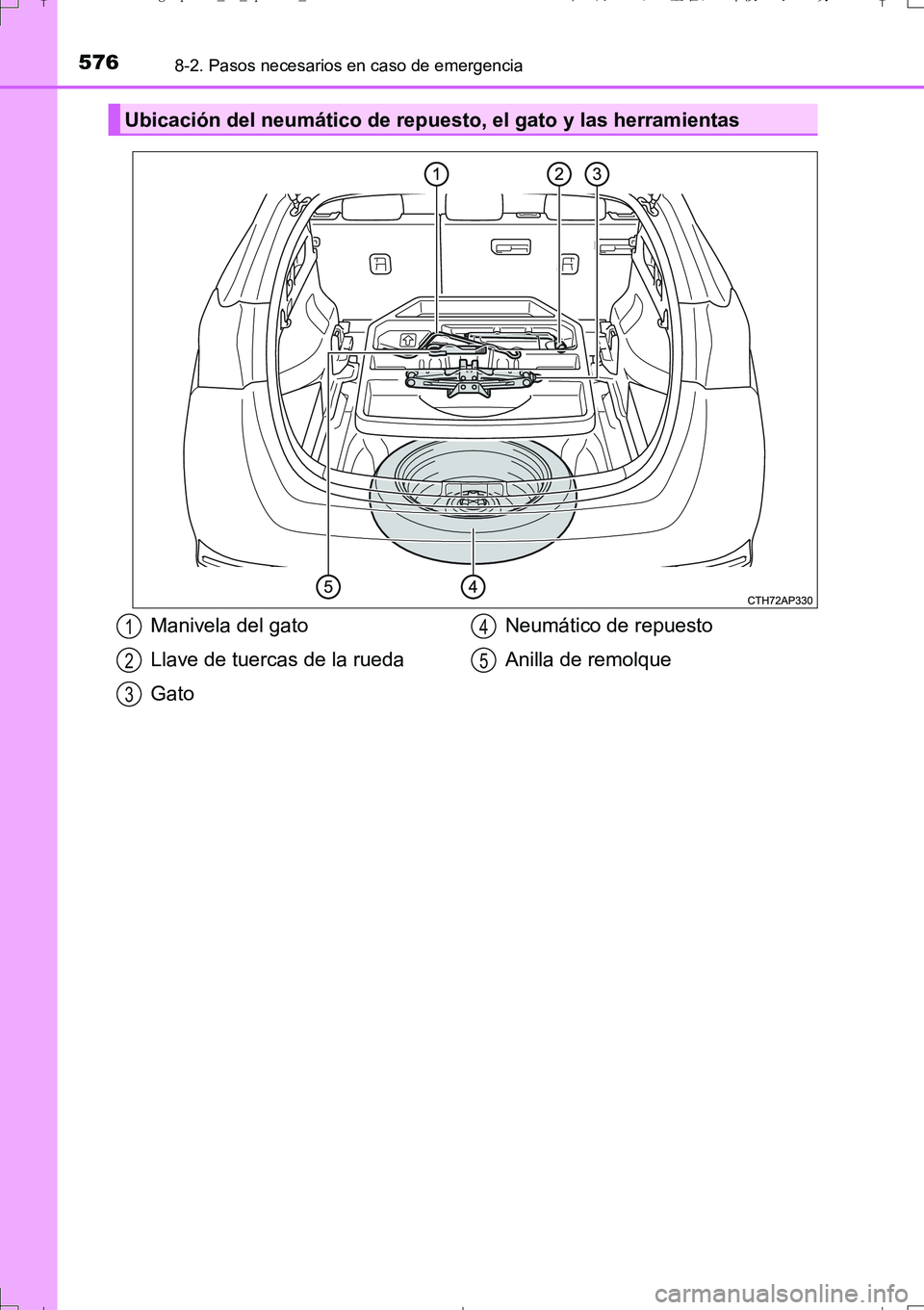 TOYOTA AURIS TOURING SPORTS 2017  Manual del propietario (in Spanish) 5768-2. Pasos necesarios en caso de emergencia
UK_AURIS_Touring_Sport_ES (OM12L16S)
Ubicación del neumático de repuesto, el gato y las herramientas
Manivela del gato
Llave de tuercas de la rueda
Gat