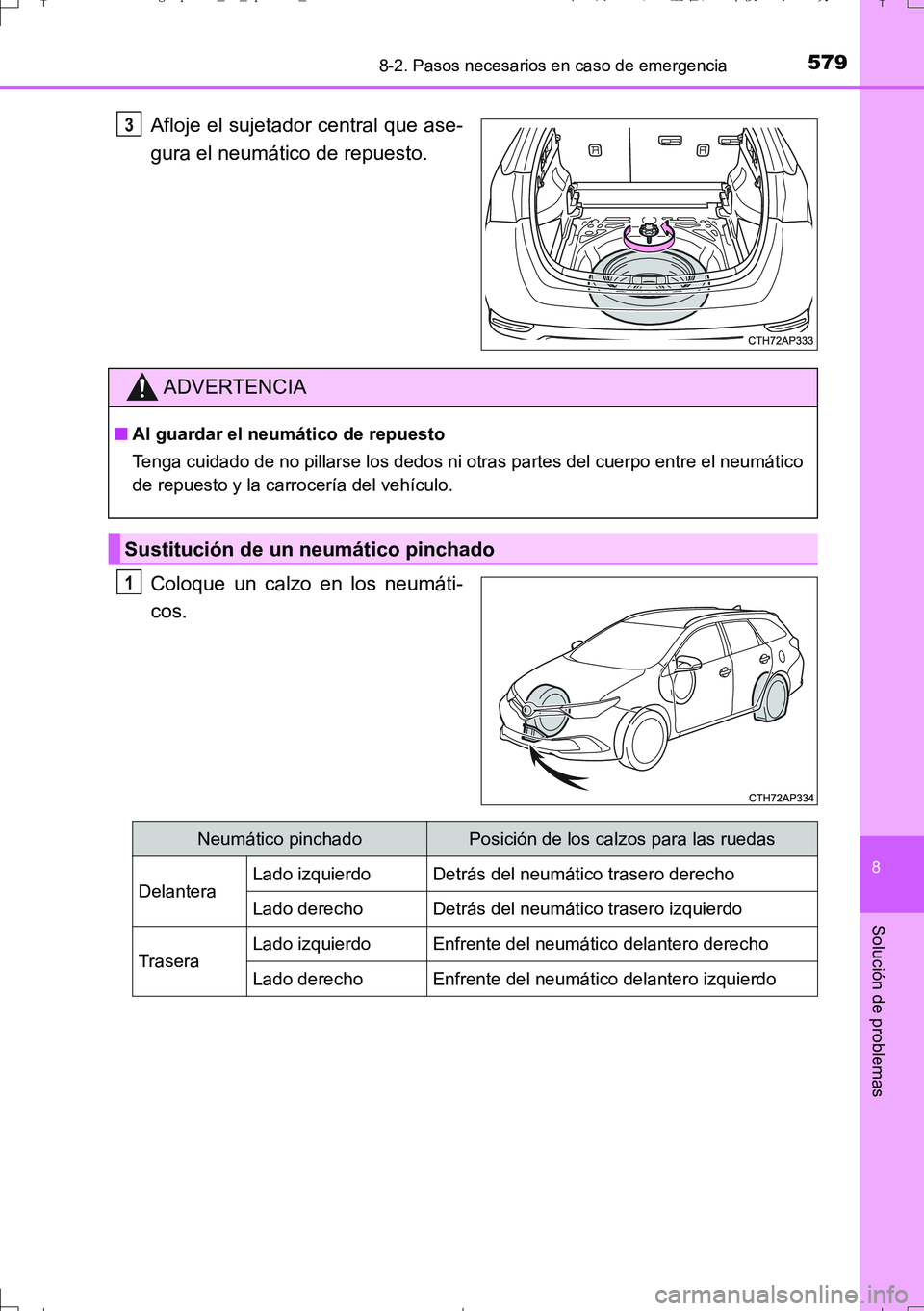 TOYOTA AURIS TOURING SPORTS 2017  Manual del propietario (in Spanish) 5798-2. Pasos necesarios en caso de emergencia
8
Solución de problemas
UK_AURIS_Touring_Sport_ES (OM12L16S)
Afloje el sujetador central que ase-
gura el neumático de repuesto.
Coloque un calzo en lo