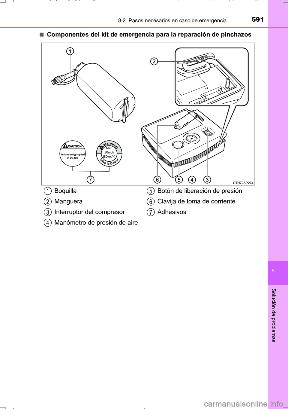 TOYOTA AURIS TOURING SPORTS 2017  Manual del propietario (in Spanish) 5918-2. Pasos necesarios en caso de emergencia
8
Solución de problemas
UK_AURIS_Touring_Sport_ES (OM12L16S)■
Componentes del kit de emergencia para la reparación de pinchazos
Boquilla
Manguera
Int