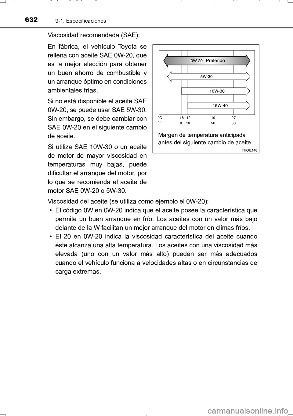 TOYOTA AURIS TOURING SPORTS 2017  Manual del propietario (in Spanish) 6329-1. Especificaciones
UK_AURIS_Touring_Sport_ES (OM12L16S)
Viscosidad recomendada (SAE):
En fábrica, el vehículo Toyota se
rellena con aceite SAE 0W-20, que
es la mejor elección para obtener
un 