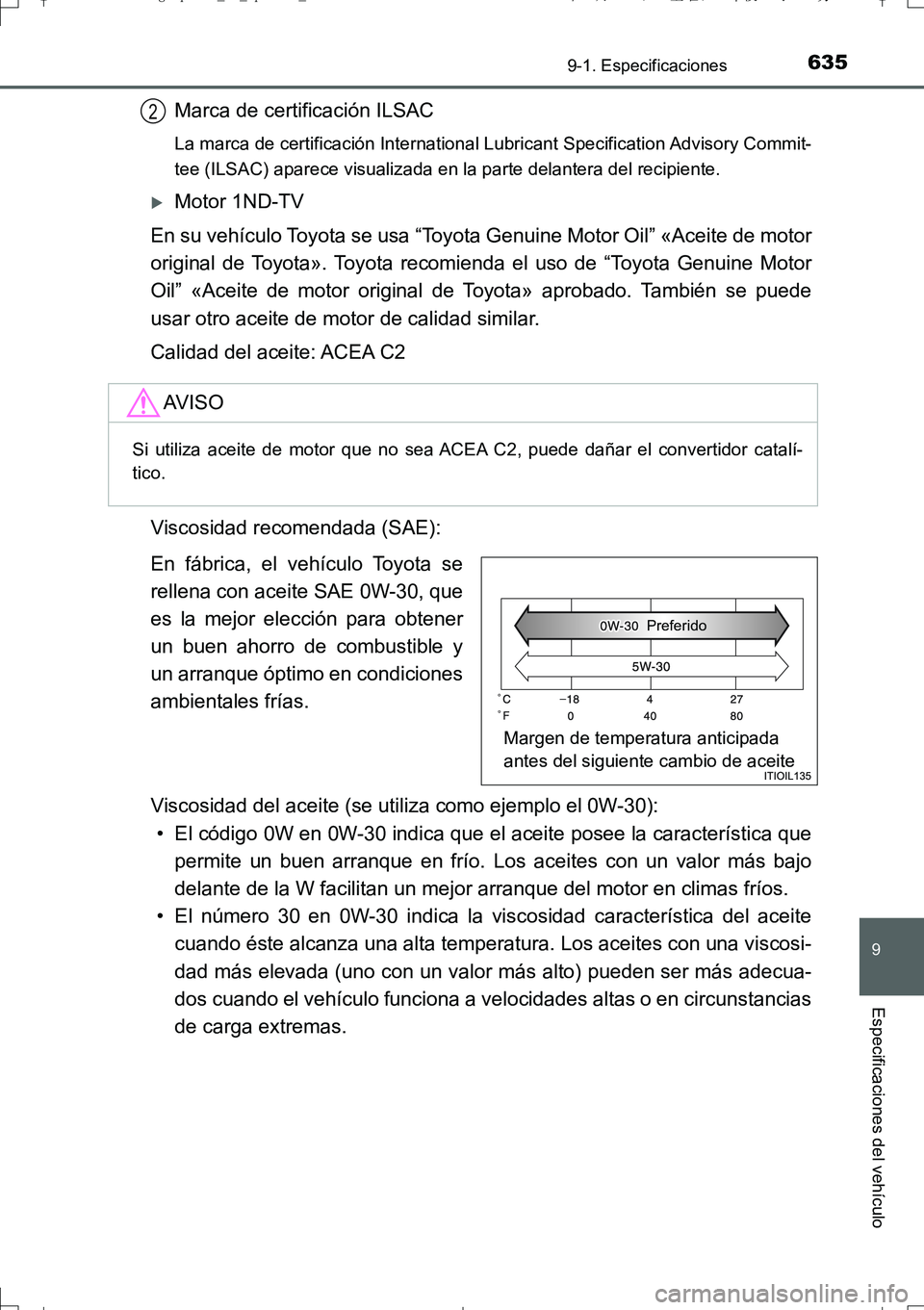 TOYOTA AURIS TOURING SPORTS 2017  Manual del propietario (in Spanish) 635
9
9-1. Especificaciones
Especificaciones del vehículo
UK_AURIS_Touring_Sport_ES (OM12L16S)
Marca de certificación ILSAC
La marca de certificación International Lubricant Specification Advisory 