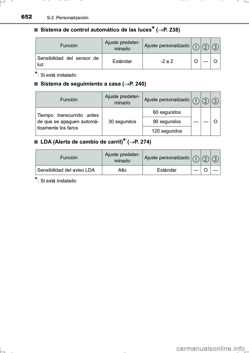 TOYOTA AURIS TOURING SPORTS 2017  Manual del propietario (in Spanish) 6529-2. Personalización
UK_AURIS_Touring_Sport_ES (OM12L16S)■
Sistema de control automático de las luces* (P. 238)
*: Si está instalado
■
Sistema de seguimiento a casa (P. 240)
■LDA (Al
